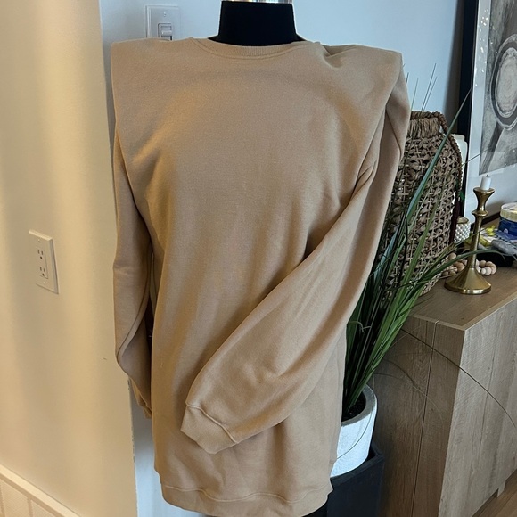 Simons Dresses & Skirts - And April Tan Sweater Dress with extended shoulders - Size S/M